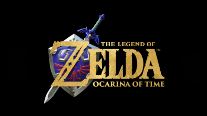 The official logo for The Legend of Zelda Ocarina of Time remake featuring the Master Sword and Hylian Shield on a black background.