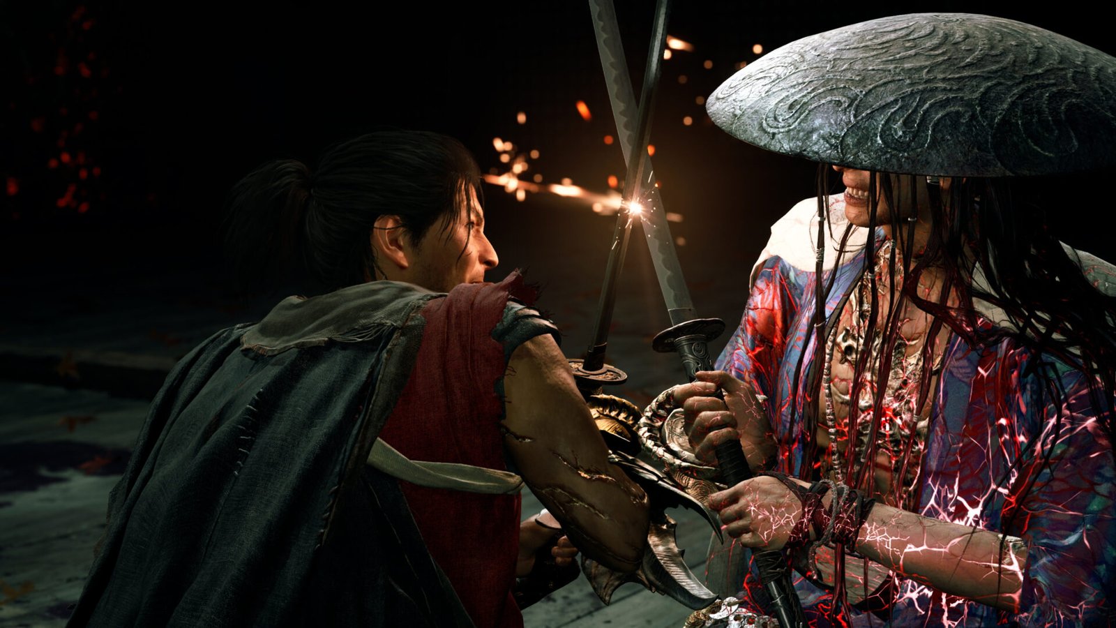 Protagonist Miyamoto Musashi clashing swords in a high-stakes duel against his rival Sasaki Ganryu.
