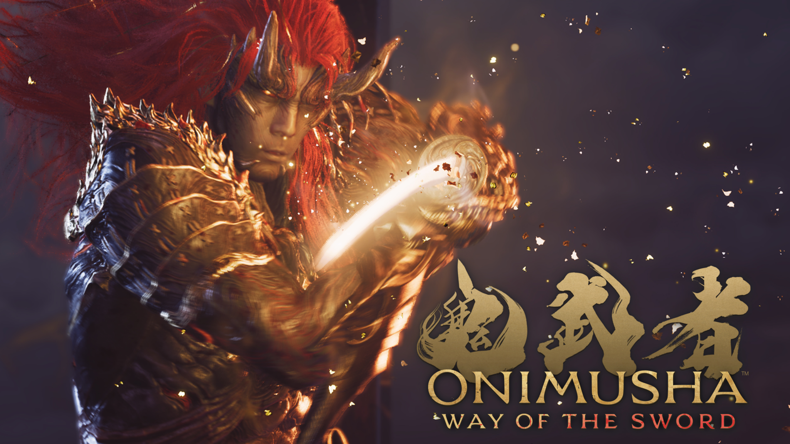 Miyamoto Musashi in his awakened Oni Warrior form drawing a glowing katana next to the official Onimusha Way of the Sword logo.