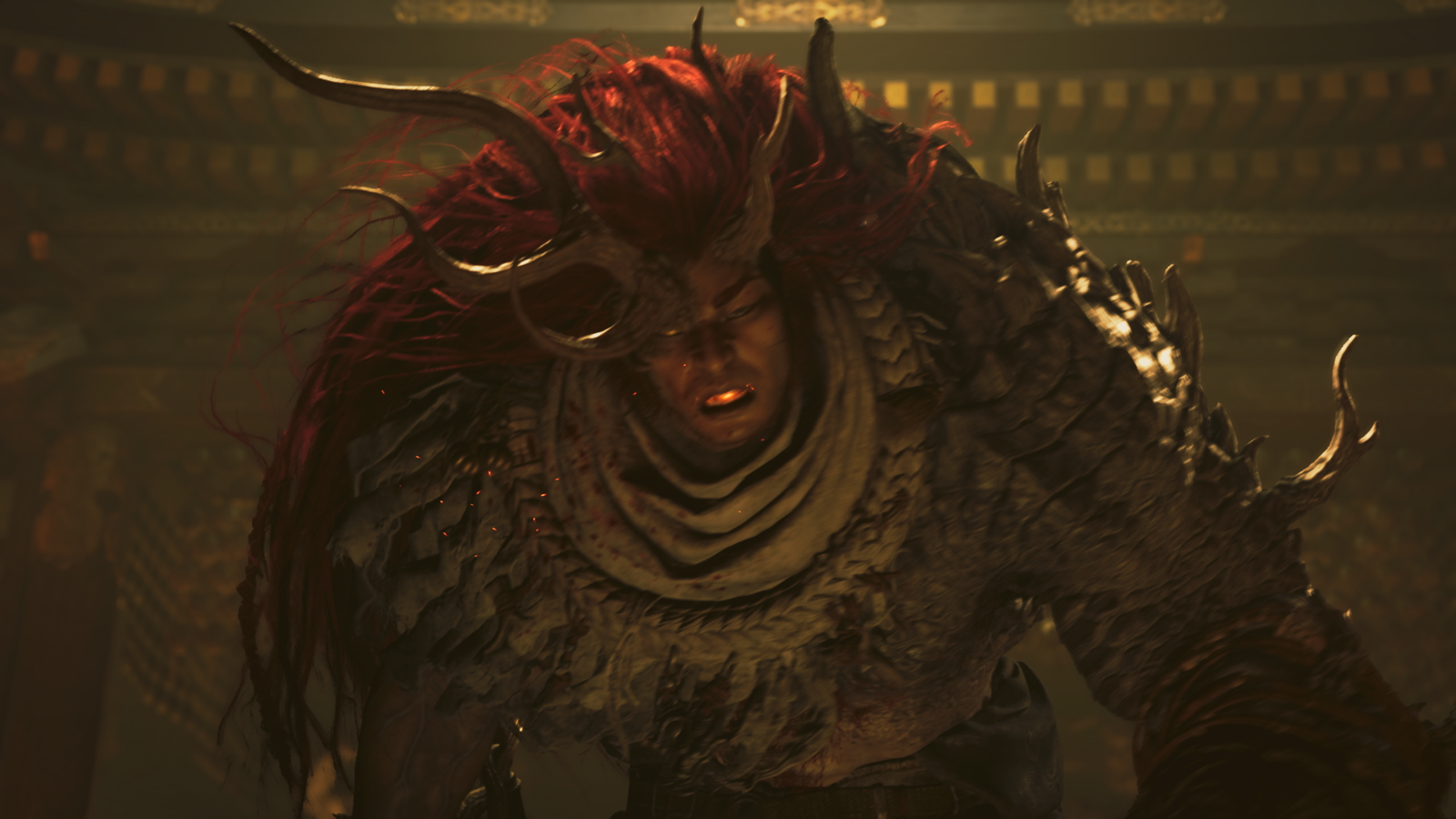 Close-up of the demonic Genma warlord Shuten Doji with glowing eyes, wild red hair, and large stag-like horns.