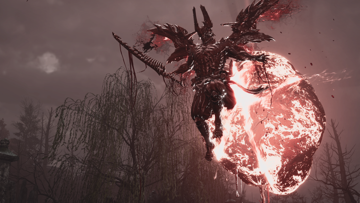 Miyamoto Musashi fighting the Dohatsu-ten Genma demon in Onimusha Way of the Sword.