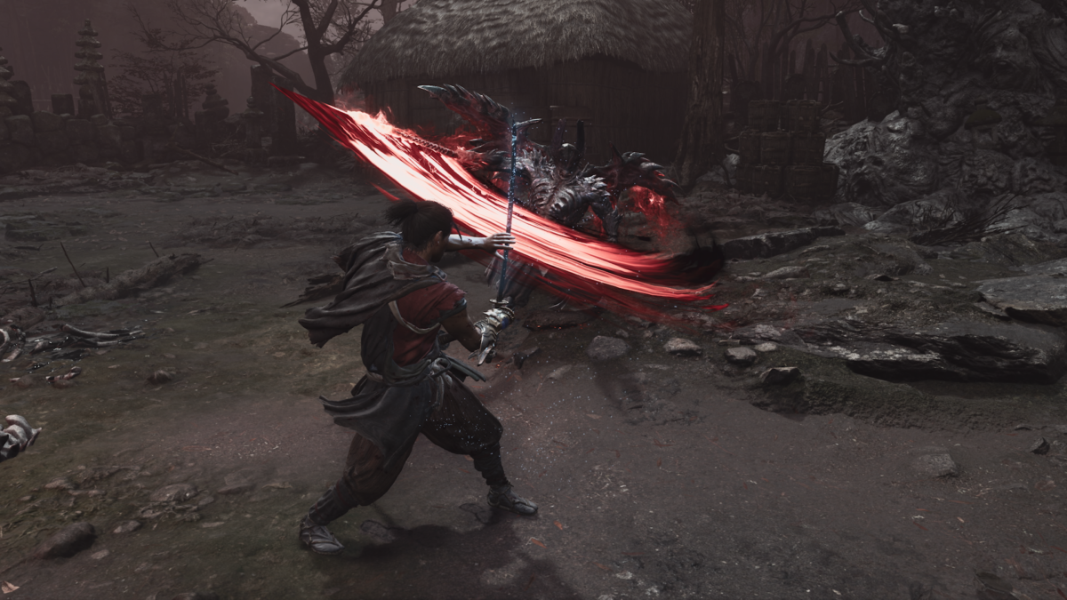 Miyamoto Musashi striking Dohatsu-ten with a red blade arc.