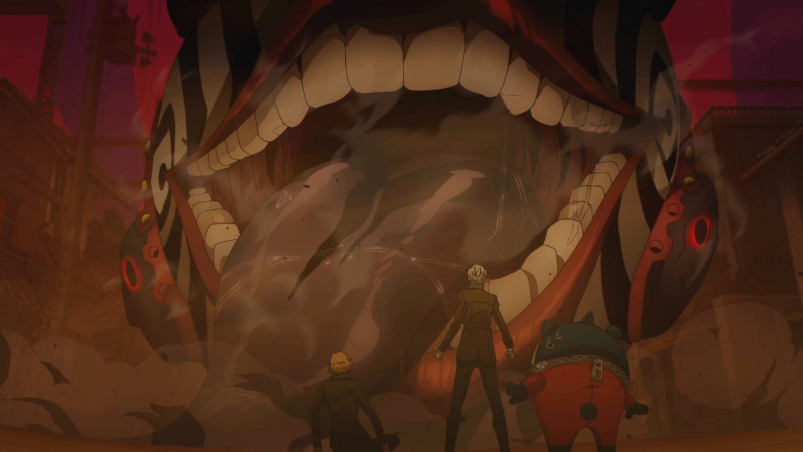The Investigation Team looking up at a massive, terrifying monster mouth during a cinematic story sequence.