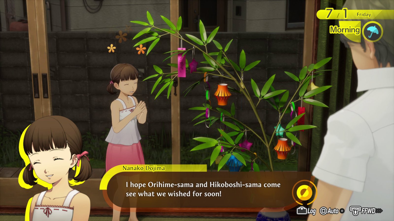 Nanako Dojima smiling next to a decorated bamboo tree during a daytime slice-of-life event in Inaba.