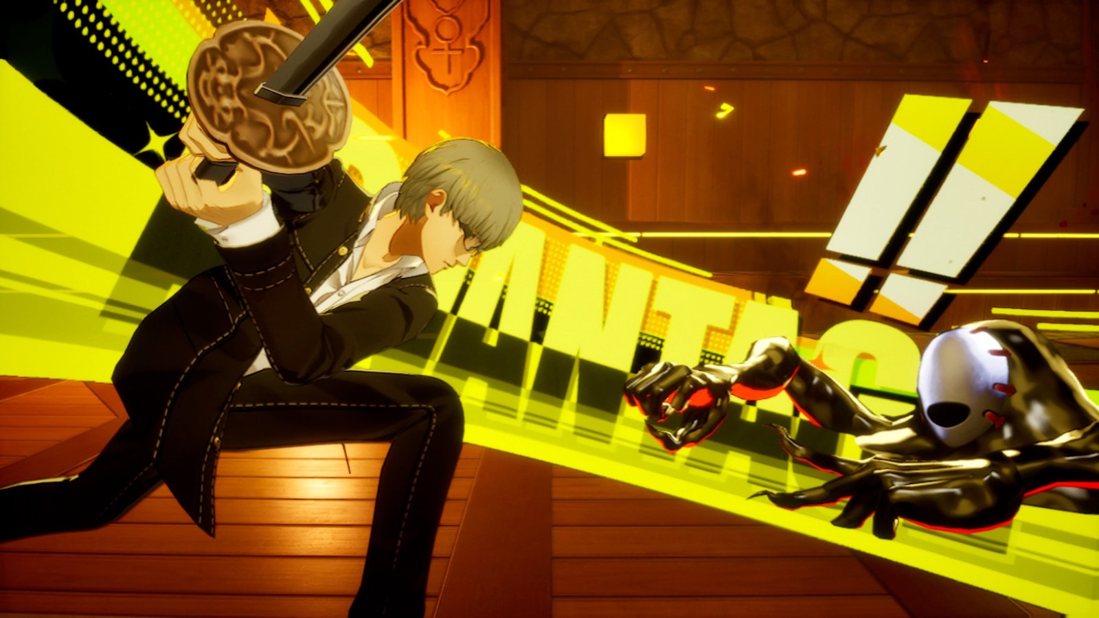 The protagonist executing a stylized physical sword attack against an enemy Shadow monster during a dungeon battle.