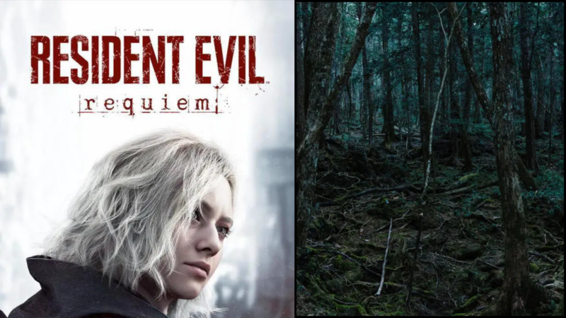 Official key art from Resident Evil Requiem showing a white-haired character juxtaposed with a dark, atmospheric forest in Japan, teasing a Resident Evil Japan setting.