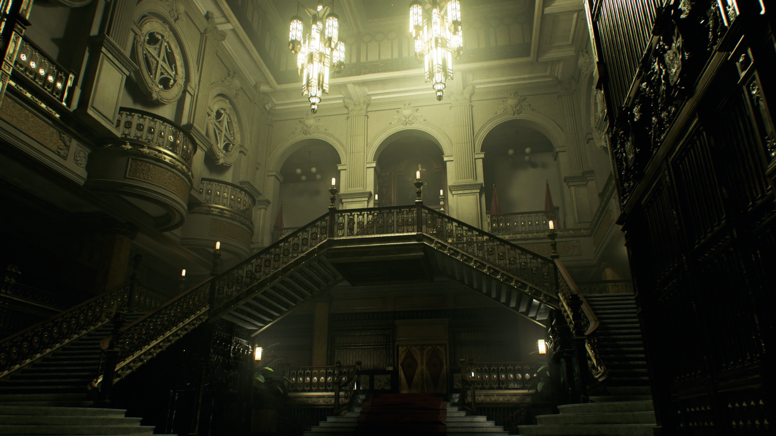 Wide-angle interior screenshot of the gothic grand hall and central staircase inside the Ashford Palace in Resident Evil Veronica Remake.