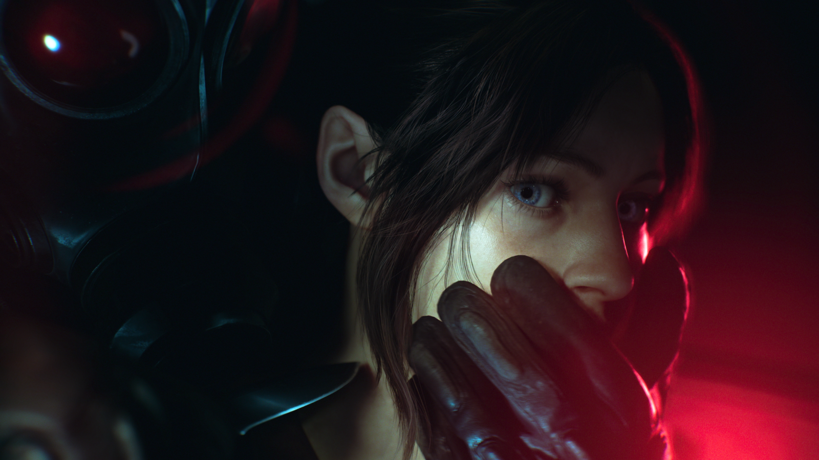 In-game screenshot from Resident Evil Veronica Remake showing an operative in a gas mask holding his hand over Claire Redfield's mouth under intense red lighting