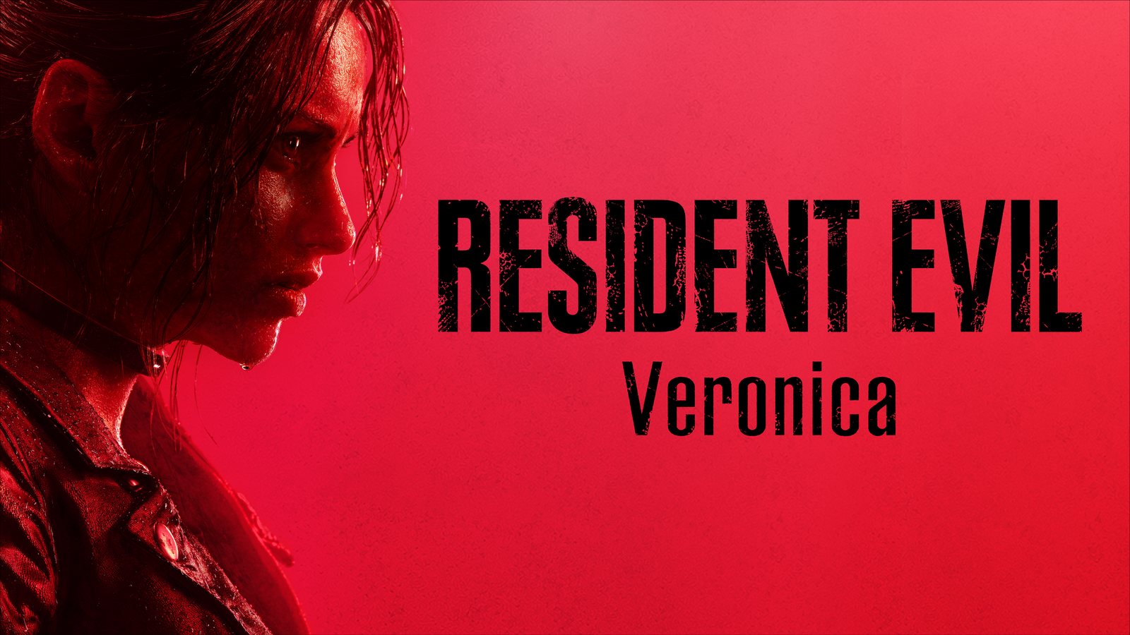 Official key art for Resident Evil Veronica Remake featuring a profile of Claire Redfield against a red background.