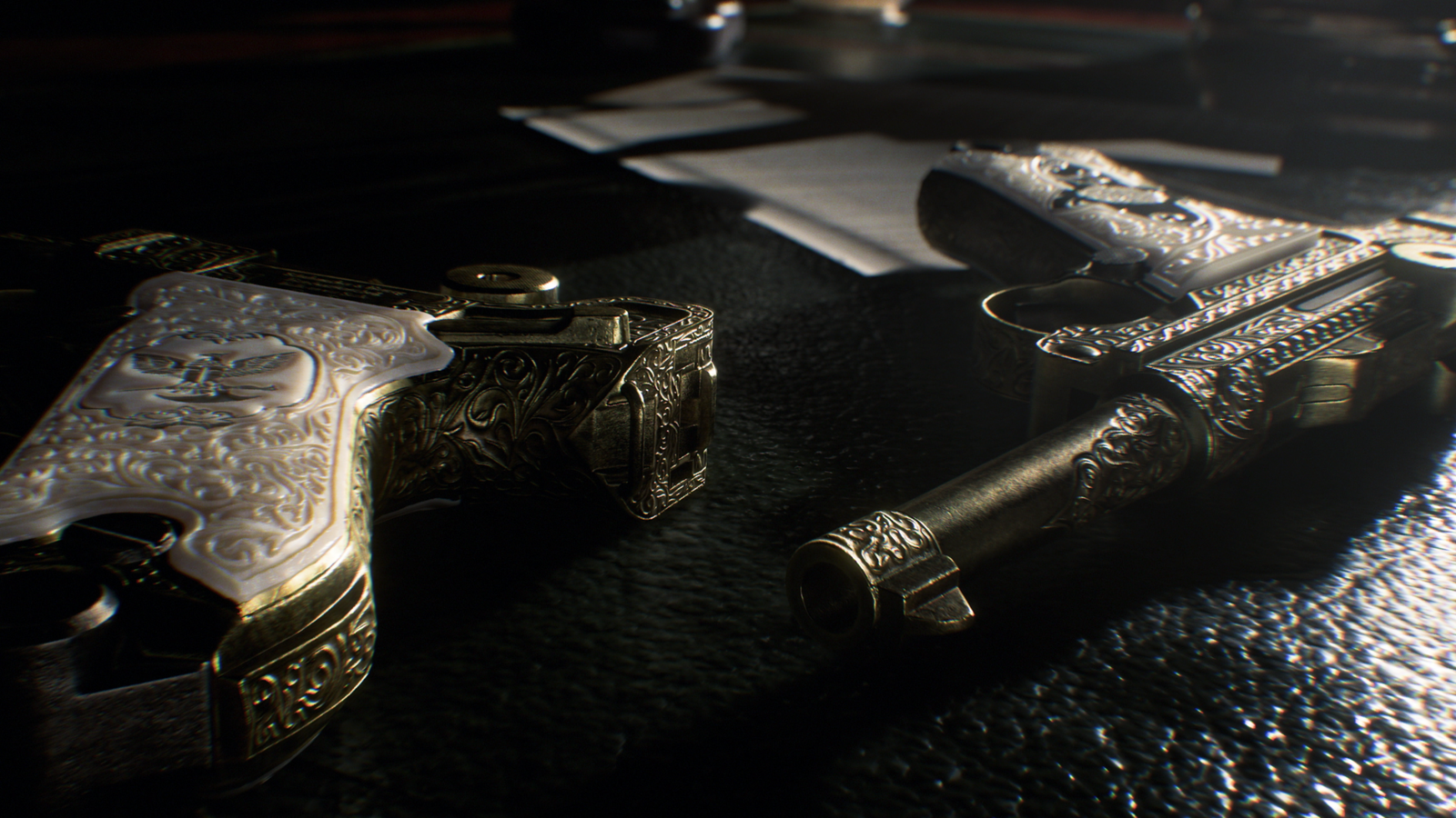 Detailed close-up screenshot of the iconic ornate gold Luger pistols resting on a desk in Resident Evil Veronica Remake.