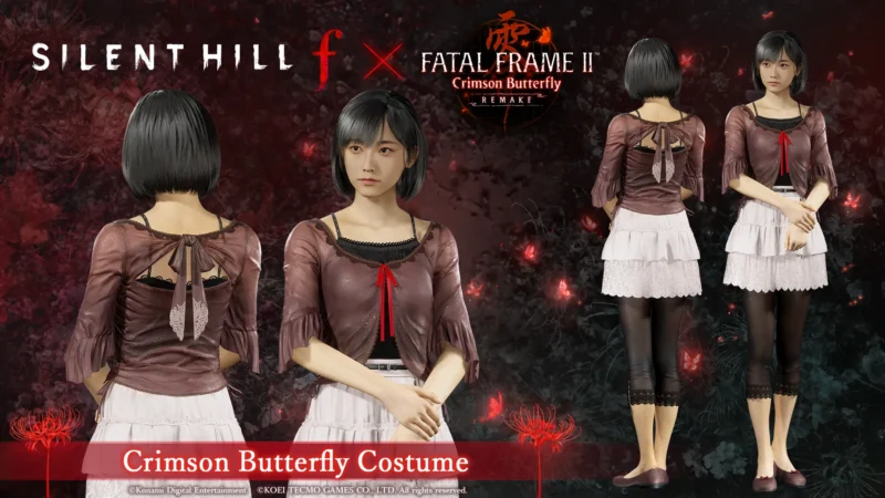 Promo art for the Silent Hill f Fatal Frame crossover showing front and back views of Hinako in the Crimson Butterfly outfit.