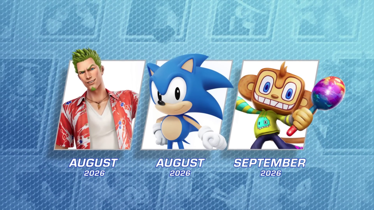 Sonic Racing CrossWorlds content roadmap showing Axel, Classic Sonic, and Amigo characters.
