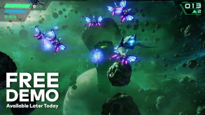 An Arwing fighter ship navigating a dense green nebula and asteroid field while engaging enemy ships in the surprise Star Fox 2026 demo.
