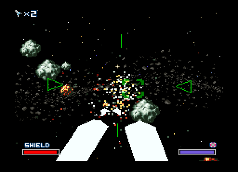 First-person cockpit gameplay view in Star Fox on SNES flying through an asteroid field with targeting reticles on screen.