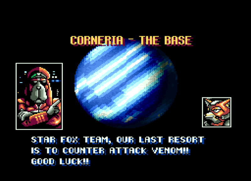 General Pepper briefing Fox McCloud on the Super Nintendo screen text before the first level.
