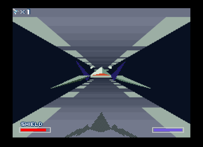 An Arwing flying forward through a tight geometric interior tunnel layout in Star Fox on SNES.