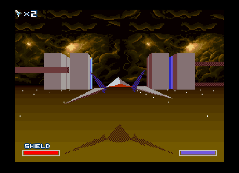 Third-person gameplay view in Star Fox on SNES showing the low-poly Arwing flying toward blocky geometric structures under a dark sky.