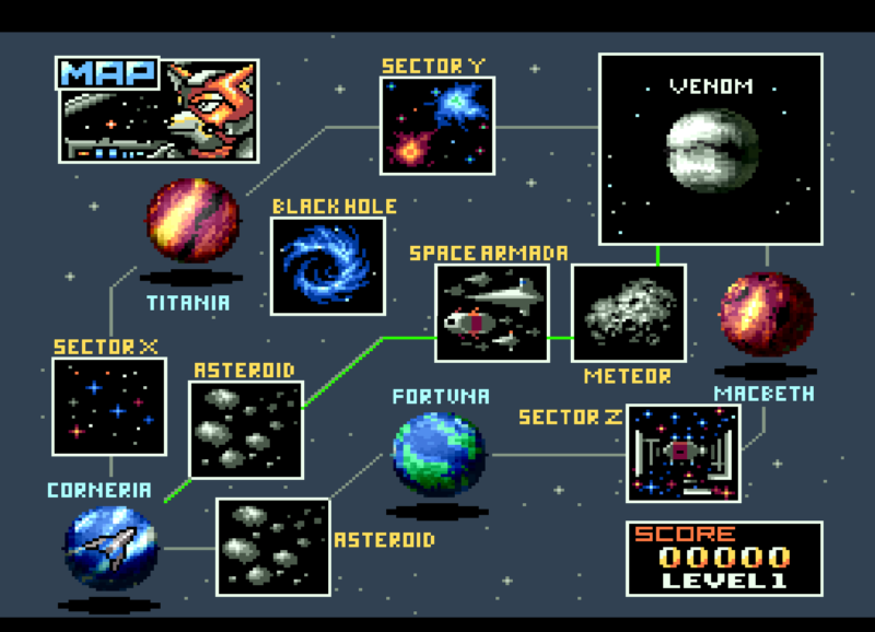 Star Fox Level 1 stage select map screen on SNES tracking the flight path from Corneria to Venom.