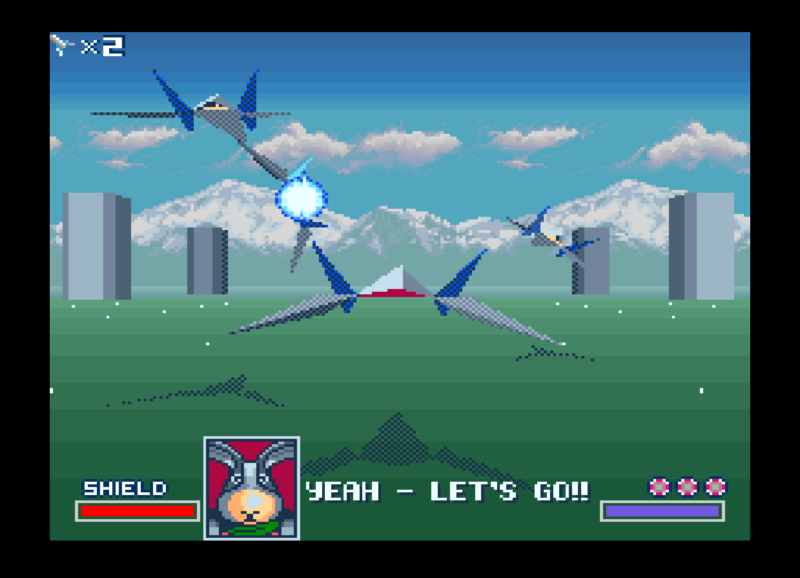 Peppy Hare text box reading Yeah Let's Go while Arwings fly in formation on Corneria in Star Fox on SNES.
