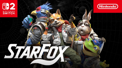 The Star Fox team, including Fox McCloud, Falco Lombardi, Peppy Hare, and Slippy Toad, posing together in front of the main logo on a Nintendo Switch 2 promotional banner.