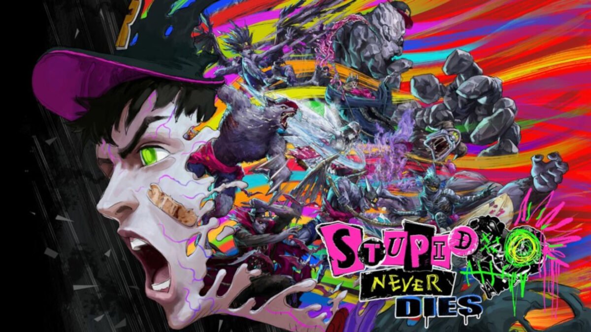 Official colorful key art for the Stupid Never Dies release date announcement showing a screaming character on the left and various monsters over a rainbow background.