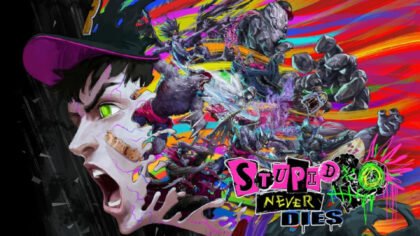 Official colorful key art for the Stupid Never Dies release date announcement showing a screaming character on the left and various monsters over a rainbow background.