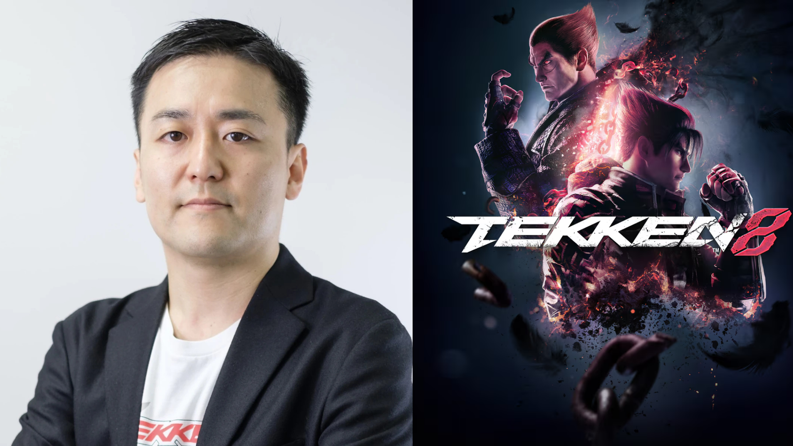 Tekken 8 director Kohei Ikeda shown in a headshot portrait alongside the official key art for Tekken 8 featuring Jin Kazama and Kazuya Mishima.