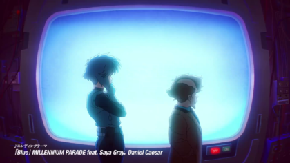 Motoko Kusanagi and Chief Aramaki in front of a glowing monitor screen, from the preview of the Ghost in the Shell 2026 ending theme Blue.
