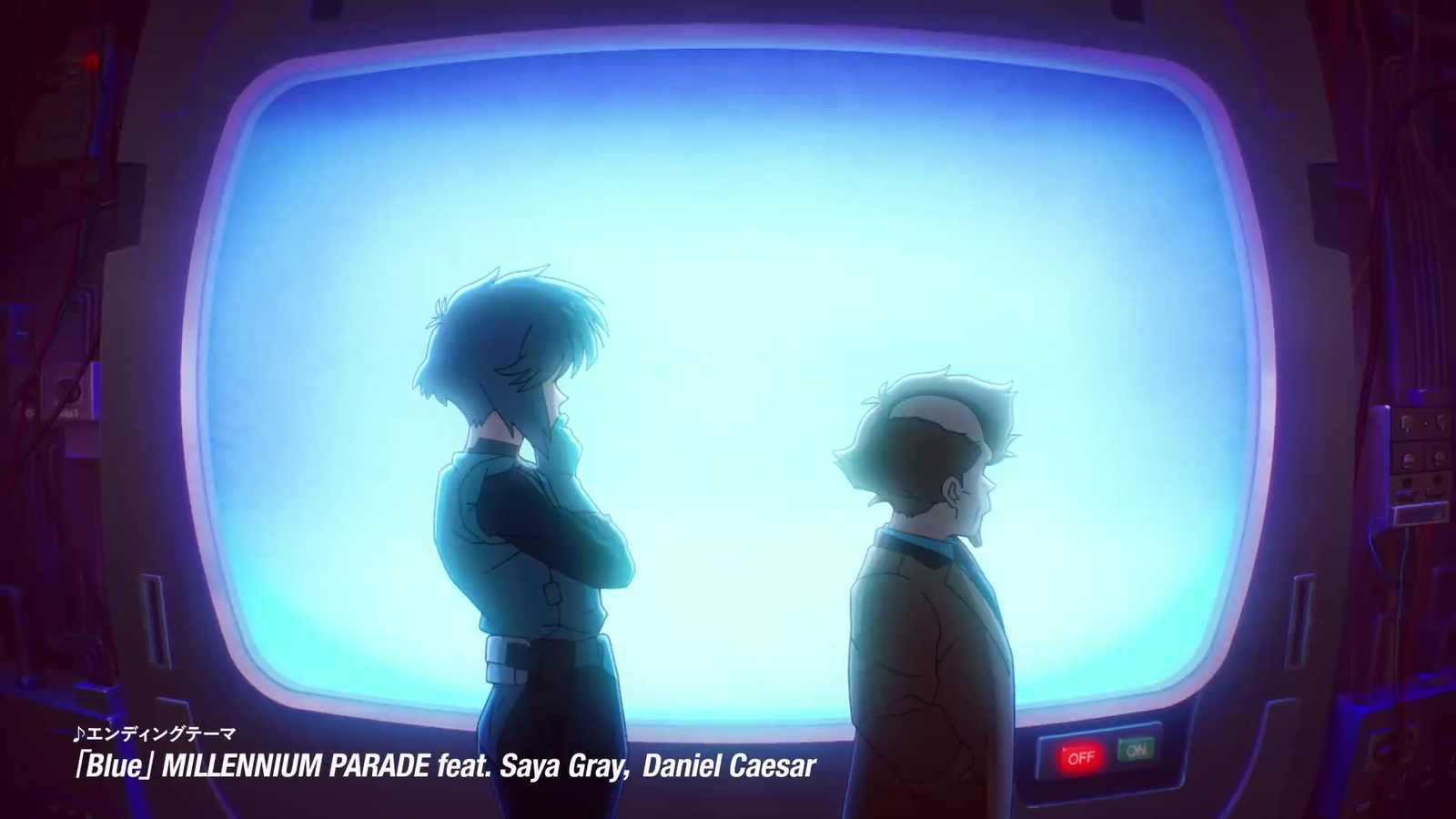 Motoko Kusanagi and Chief Aramaki in front of a glowing monitor screen, from the preview of the Ghost in the Shell 2026 ending theme Blue.