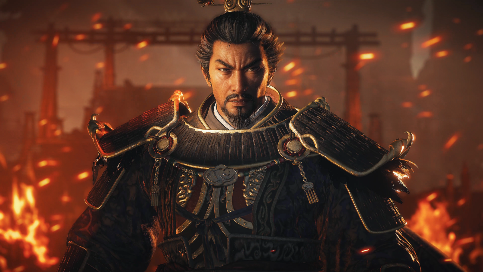 A prominent military warlord in ornate armor standing in front of a burning battlefield following the news that Wo Long 2: Wings of Ember announced its development.