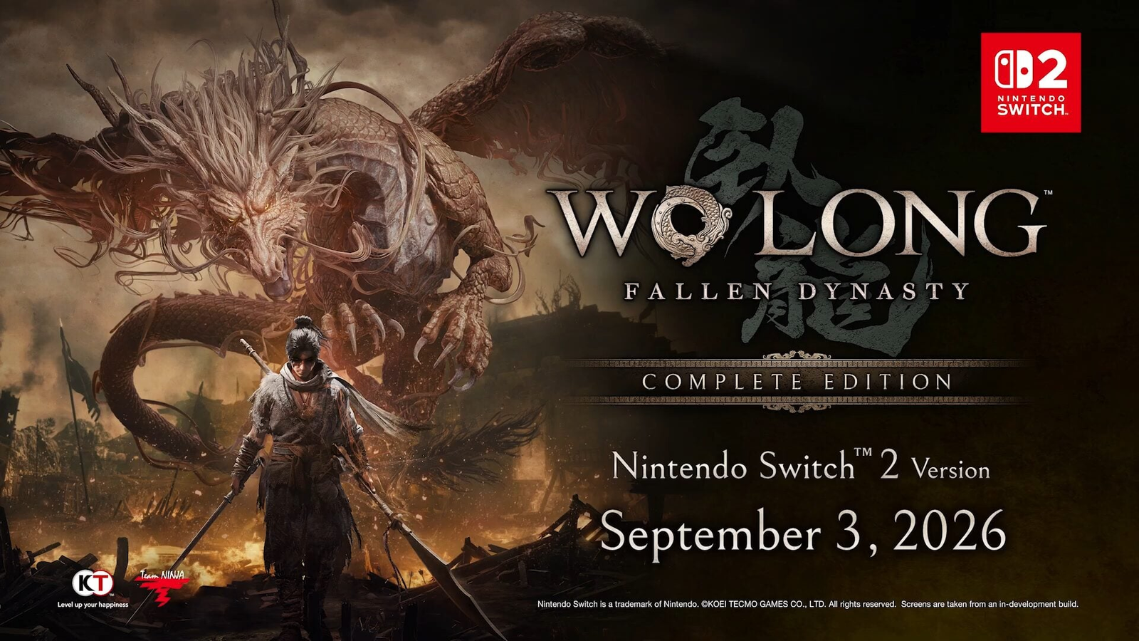 Official promotional key art for Wo Long Fallen Dynasty Complete Edition on Switch 2 showing a protagonist standing in front of a giant dragon.