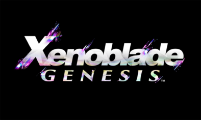 Official white iridescent title logo for Xenoblade Genesis centered on a solid black background.