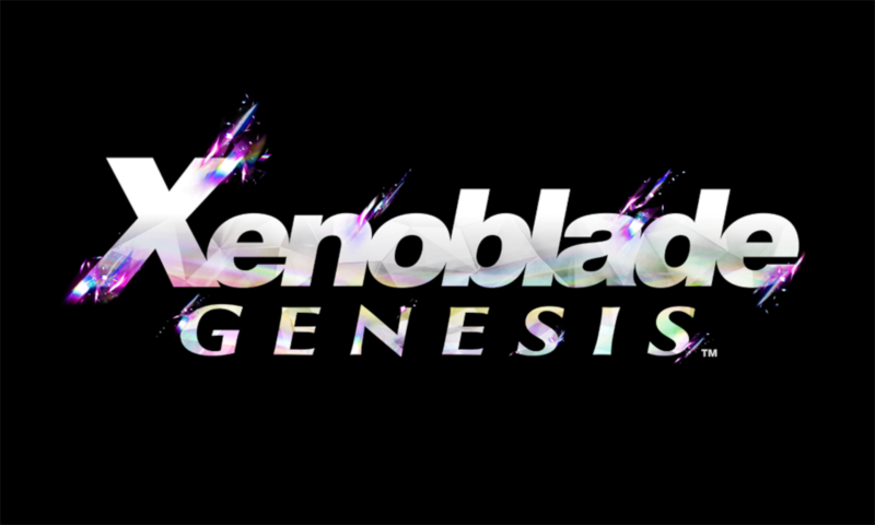 Official white iridescent title logo for Xenoblade Genesis centered on a solid black background.