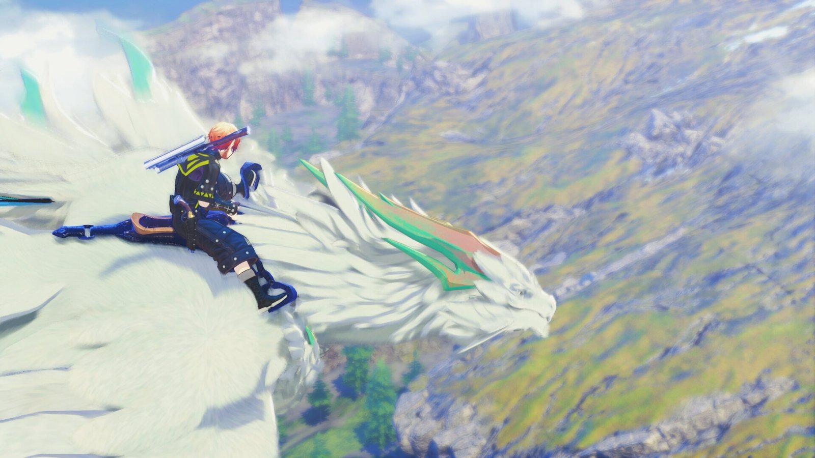 A red haired warrior riding a massive white feathered dragon mount high above a mountain landscape.