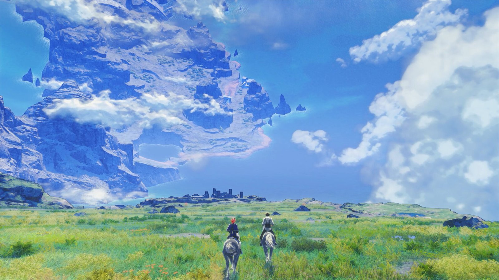 Two characters riding four legged mounts across a vast green field looking toward floating islands in the distance.