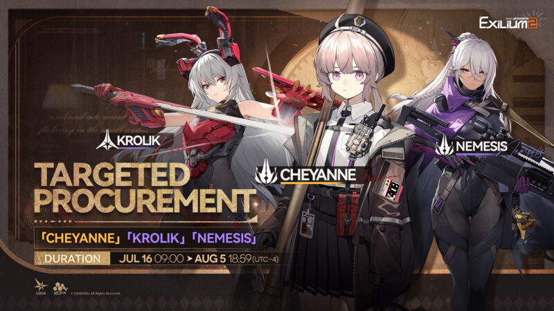 Promotional banner for Girls' Frontline 2: Exilium showing characters Krolik, Cheyanne, and Nemesis for a Targeted Procurement event running from July 16 to August 5.
