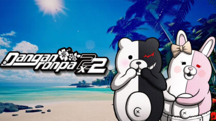 Promotional key art for Danganronpa 2×2 featuring Monokuma and Monomi on a beach.