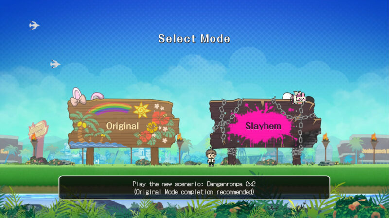 Selection screen for Danganronpa 2×2 showing the option between Original Mode and the new Slayhem Mode.