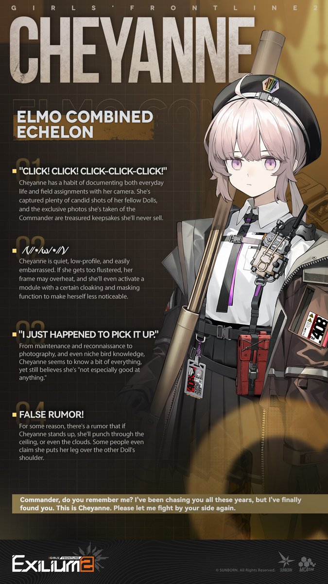 Character profile card for Cheyanne from the Elmo Combined Echelon, featuring her portrait and four trivia points about her background and personality.