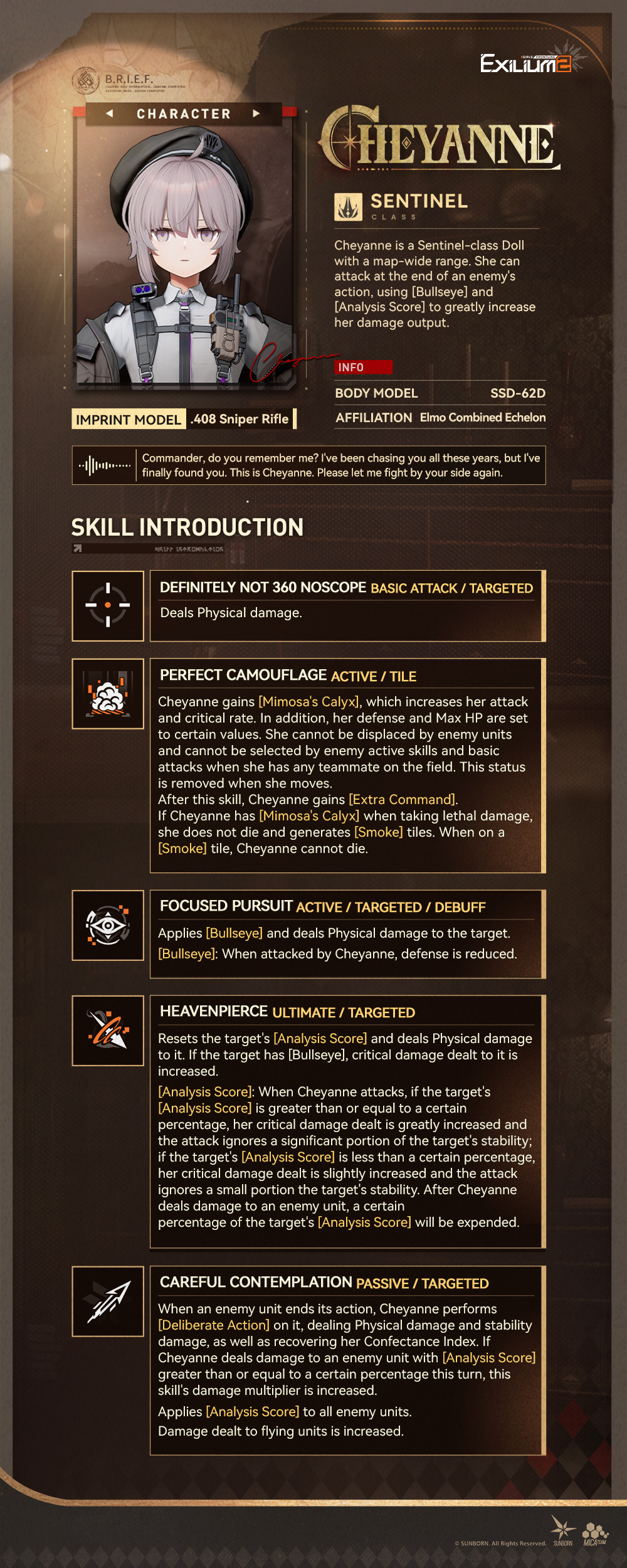 Detailed infographic showing the character Cheyanne's Sentinel-class skills in Girls' Frontline 2, including active, passive, and ultimate abilities.