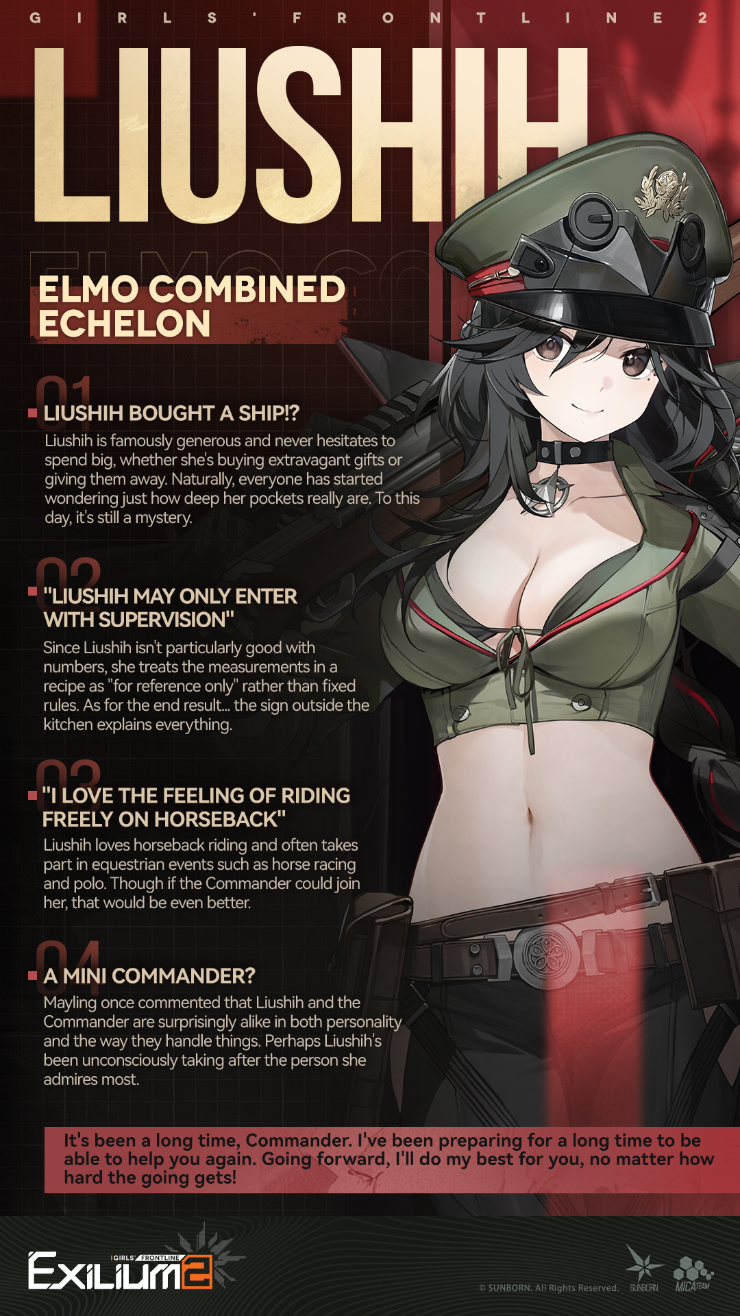 Character profile card for Liushih from the Elmo Combined Echelon, featuring her portrait and four trivia points about her background and personality.