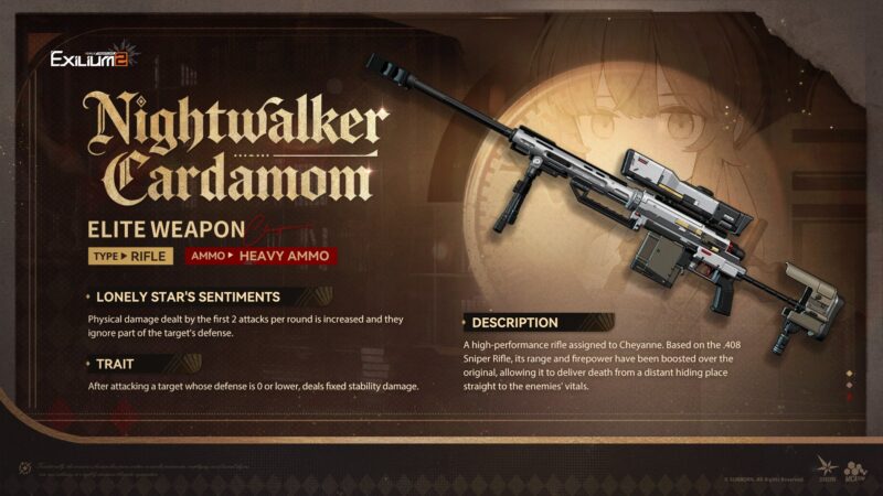 Weapon stat card for Nightwalker Cardamom, an Elite Heavy Ammo rifle designed for Cheyanne in Girls' Frontline 2.