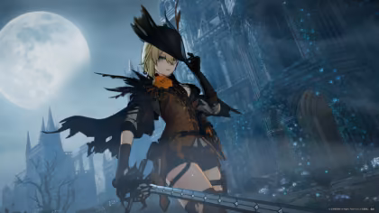 Sextans standing before a moonlit Gothic building with her Blade
