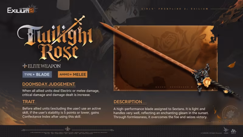 Twilight Rose Blade weapon assigned to Sextans in Girls’ Frontline 2: Exilium