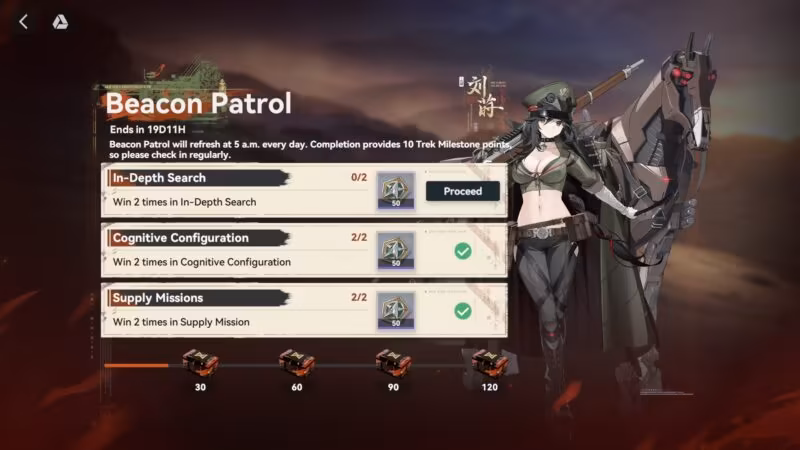 Girls' Frontline 2: Exilium Beacon Patrol menu interface displaying daily missions like In-Depth Search, Cognitive Configuration, and Supply Missions alongside Liushih and her mechanical horse.