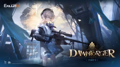 Girls' Frontline 2: Exilium Dawnforger Part 2 key art featuring the Tactical Doll Cheyanne holding her signature sniper rifle amidst ruins with the event logo.