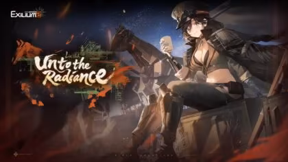 Girls' Frontline 2: Exilium promotional key art for the Unto the Radiance event featuring the Tactical Doll Liushih holding a cup next to a mechanical horse under a starry night sky.