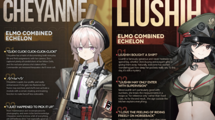 A composite graphic showing side-by-side partial character profiles and trivia for Cheyanne and Liushih from Girls' Frontline 2.