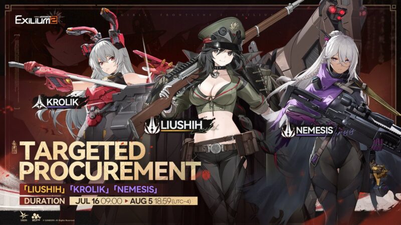 Promotional banner for Girls' Frontline 2: Exilium showing characters Krolik, Liushih, and Nemesis for a Targeted Procurement event running from July 16 to August 5.