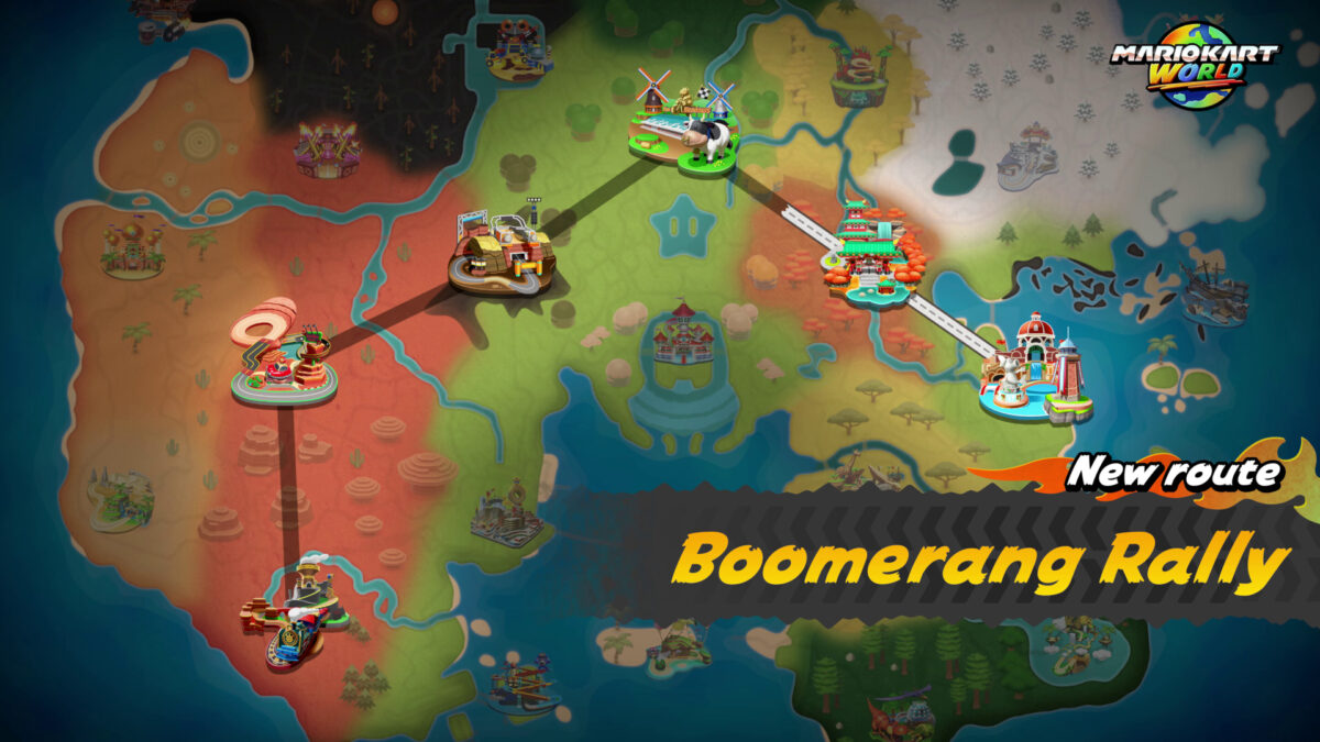 Mario Kart World Knockout Tour map screen showing the new Boomerang Rally route connections.